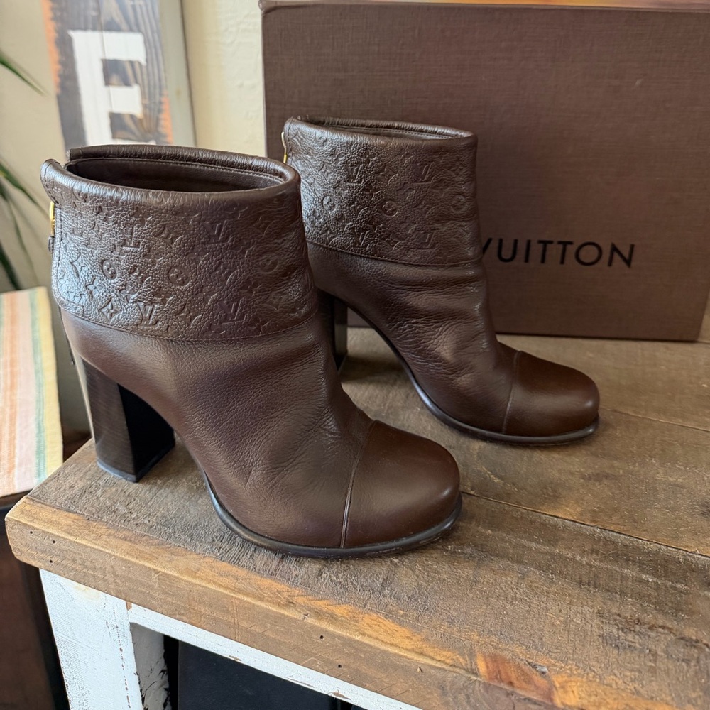 Louis Vuitton Dark Brown Embossed Monogram Leather Ankle Booties